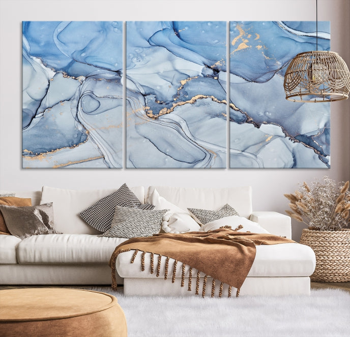 Impression d’art mural sur toile abstraite à effet fluide en marbre bleu glace