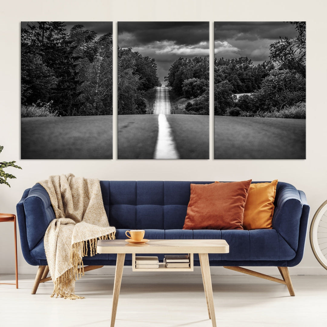 Black and White Road in Forest Wall Art Canvas Print