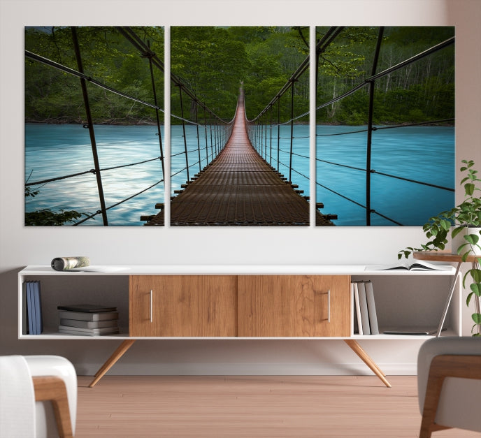 Puente colgante en el bosque, arte de pared grande, impresión en lienzo