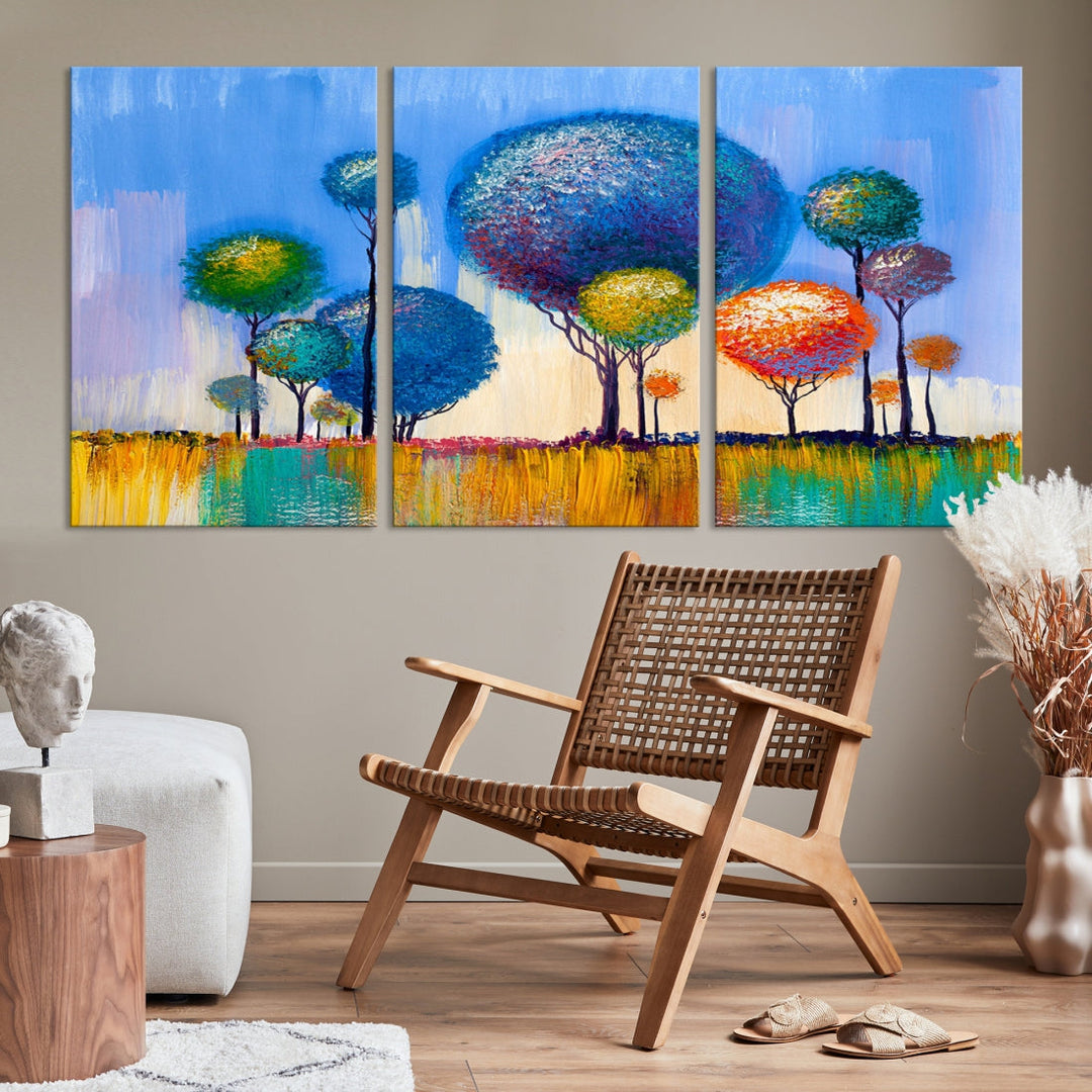 Oil Paint Effect Colorful Trees Wall Art Canvas Print