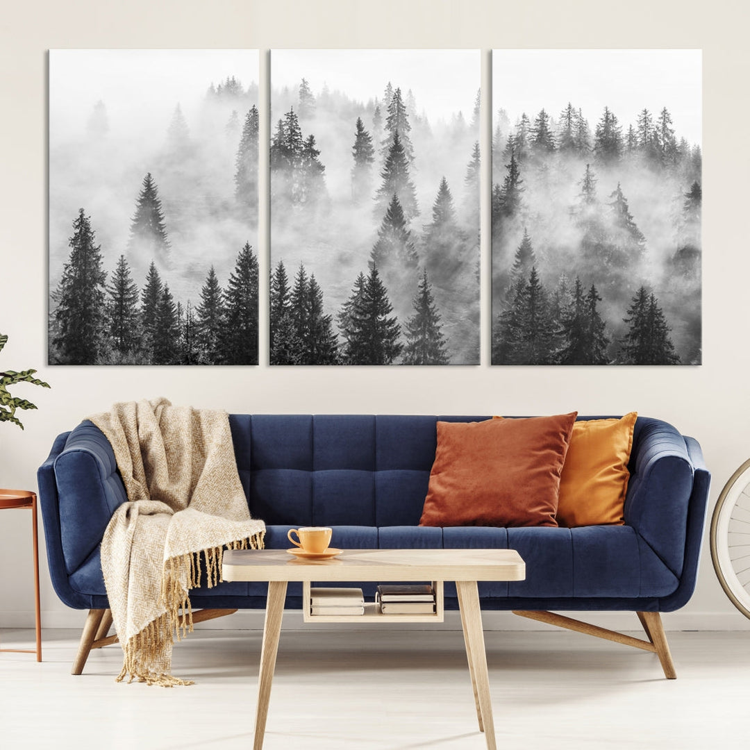 Impression sur toile d’art mural de forêt brumeuse, impression sur toile d’art mural d’arbres brumeux
