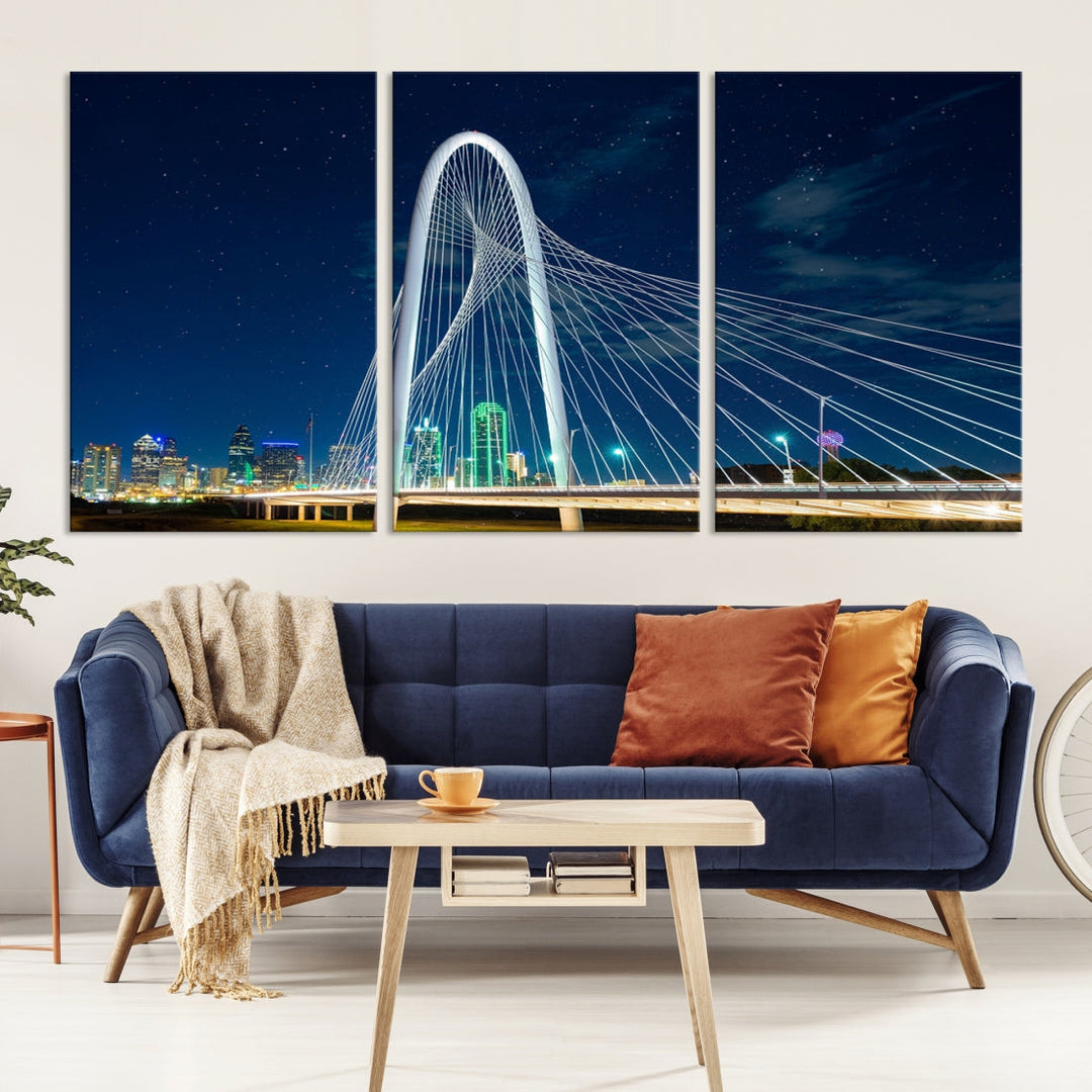 Dallas City Bridge Lights Night Skyline Cityscape View Wall Art Canvas Print