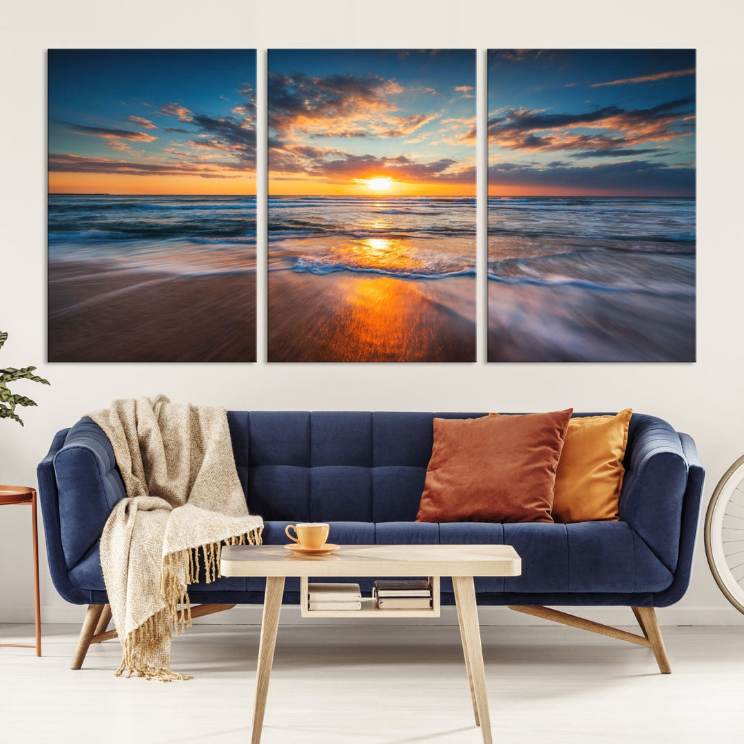 Hermosa puesta de sol sobre el horizonte, lienzo de playa, arte de pared, arte en lienzo del océano
