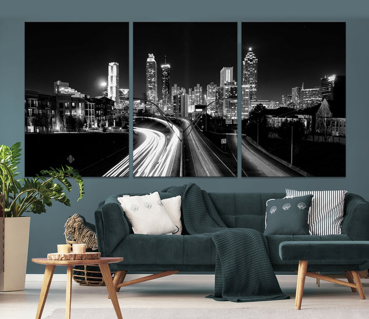 Skyline de luces de la ciudad de Atlanta Arte de pared en blanco y negro Paisaje urbano Lienzo