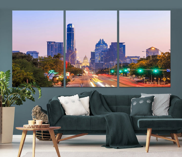 Luces de la ciudad de Austin Atardecer Horizonte púrpura Vista del paisaje urbano Arte de pared grande Lienzo