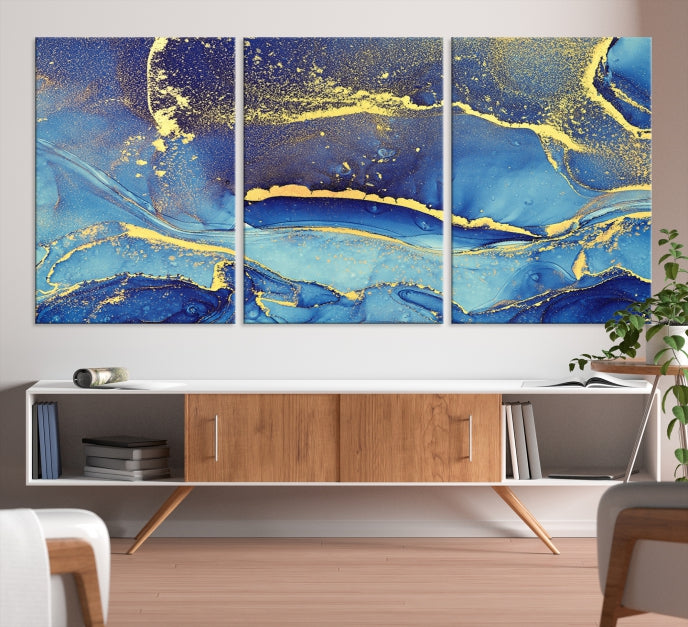 Splash Yellow Color Blue Marble Abstract Canvas Wall Art Print