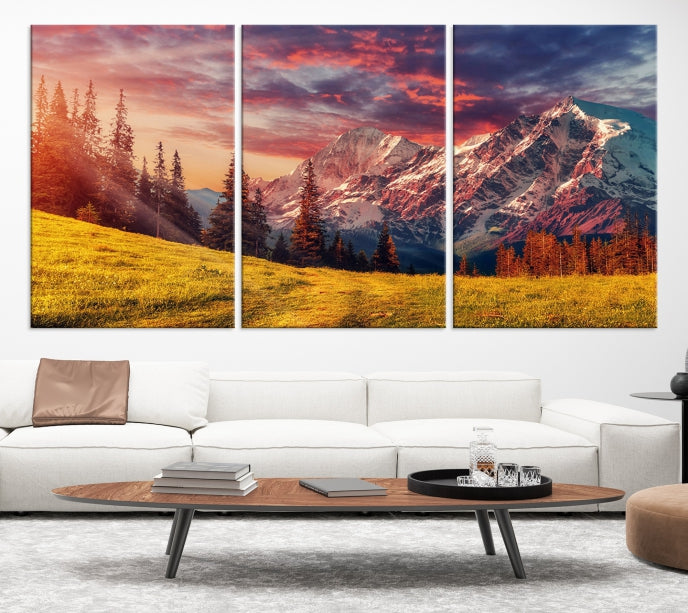 Mountain and Daylight Red Sunset Wall Art Canvas Print