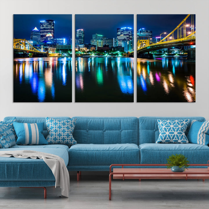 Downtown Pittsburgh at Night Canvas Wall Art Pittsburgh Skyline Canvas Art City Wall Art