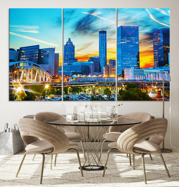 Atlanta City Lights Coucher de soleil Bleu et Orange Skyline Cityscape View Wall Art Impression sur toile