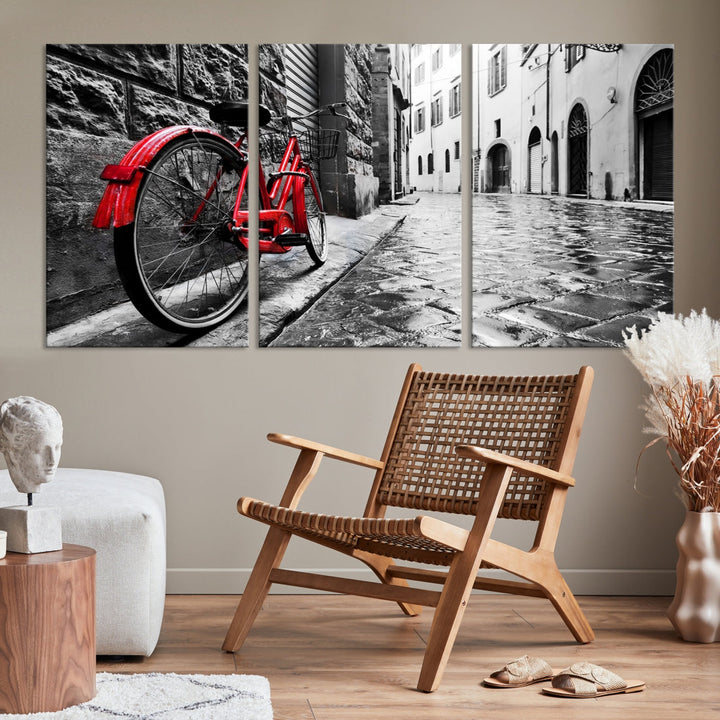 Vintage Red Bicycle on the Street Black and White Canvas Wall Art Print