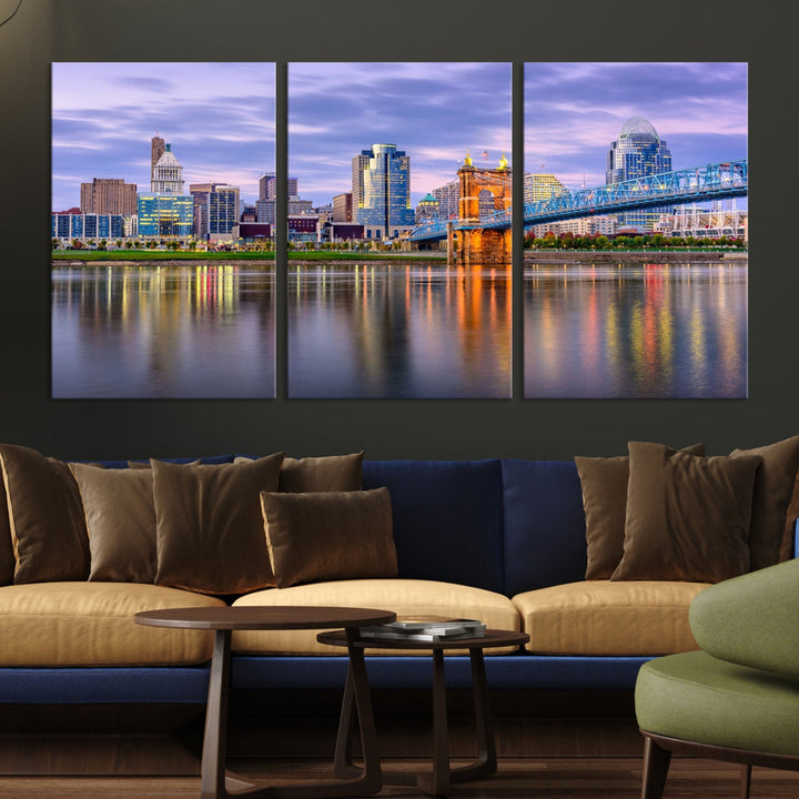 Cincinnati City Lights Sunset Purple Cloudy Skyline Cityscape View Wall Art Canvas Print