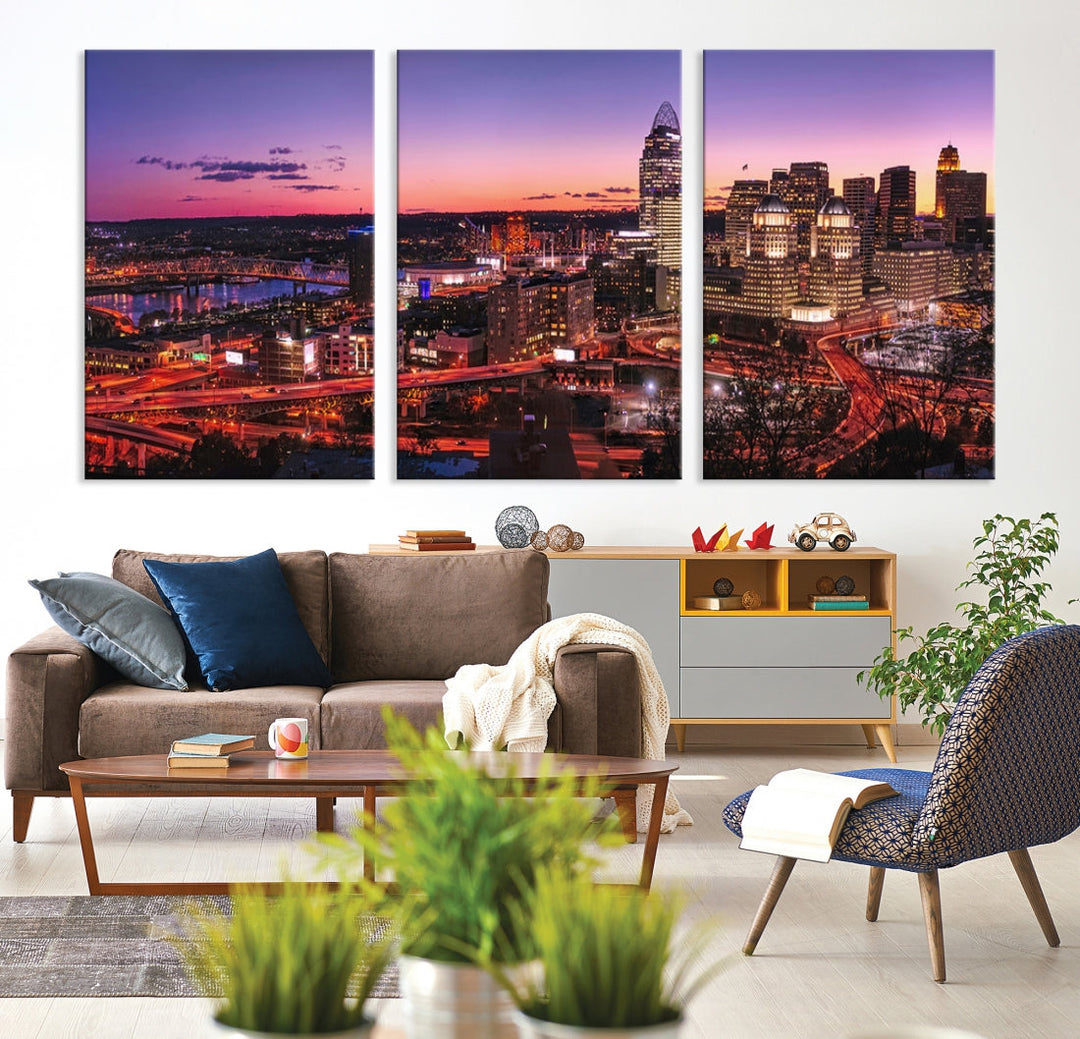 Cincinnati City Sunset Purple Skyline Cityscape View Wall Art Canvas Print