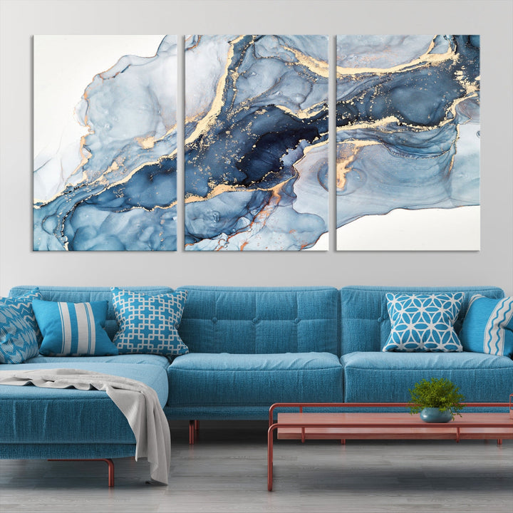 Azul gran lienzo abstracto pared arte impresión arte abstracto efecto fluido mármol pared arte