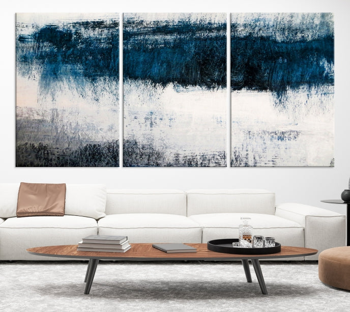 Arte de pared grande azul marino y blanco, lienzo abstracto moderno, impresión artística de pared