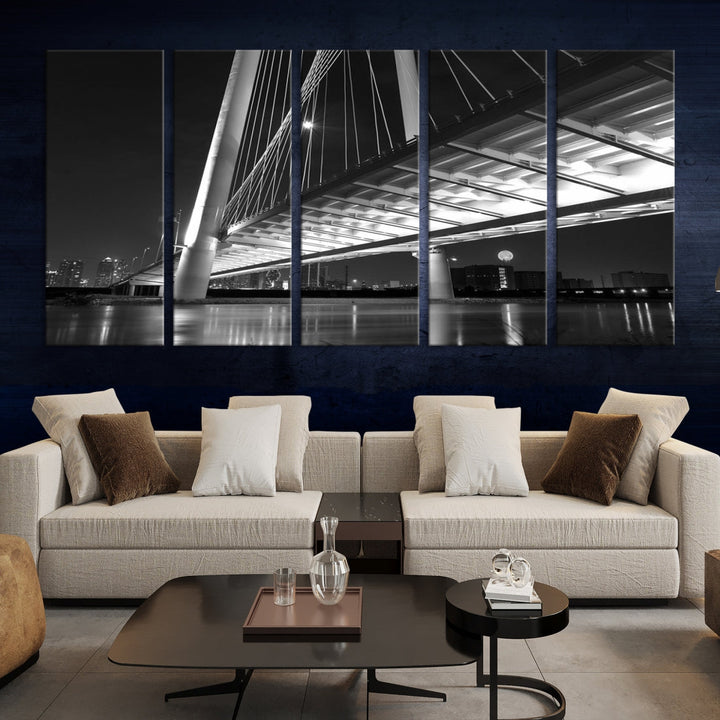 Dallas City Bridge Lights Skyline Arte de pared en blanco y negro Paisaje urbano Lienzo