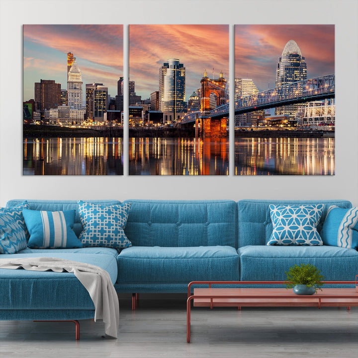 Luces de la ciudad de Cincinnati Puesta de sol Colorido horizonte nublado Vista del paisaje urbano Arte de pared grande Impresión en lienzo