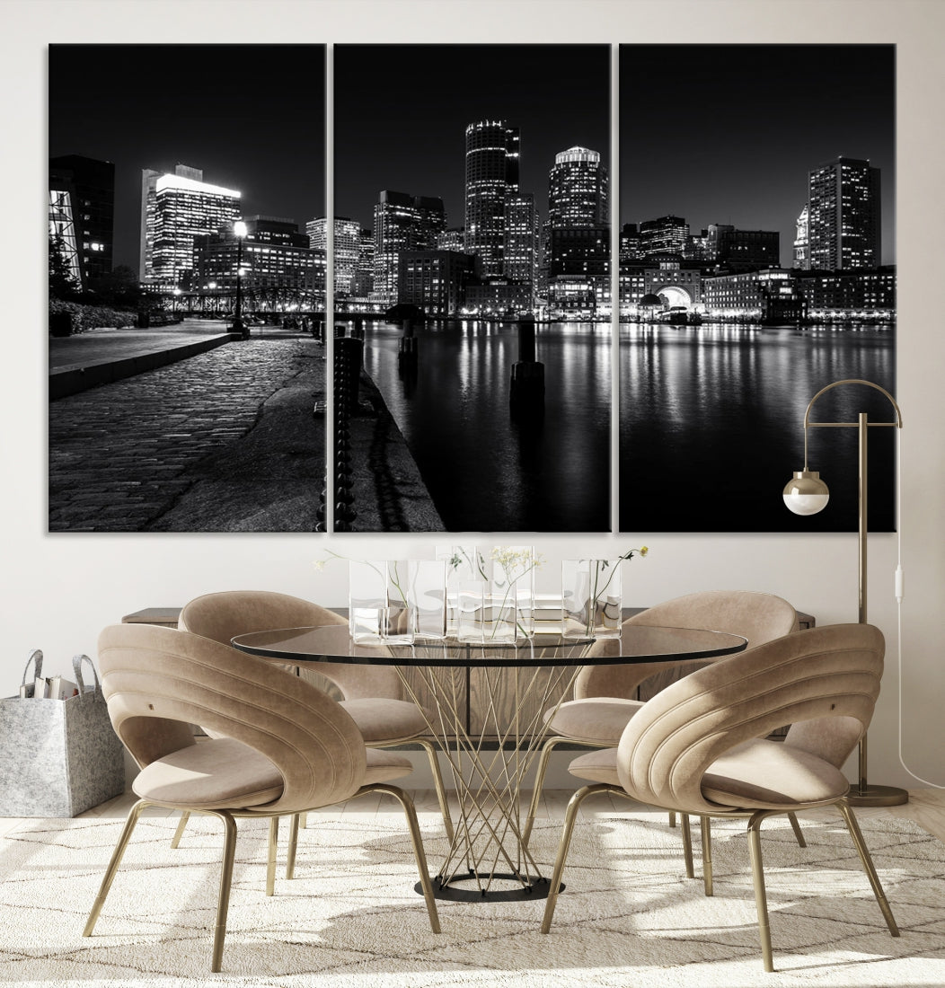 Boston City Lights Skyline Black and White Wall Art Cityscape Canvas Print
