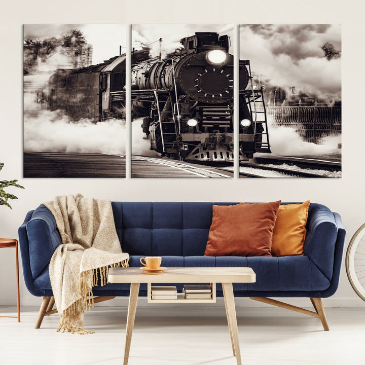 Impression d’art mural sur toile de locomotive à vapeur noire et blanche