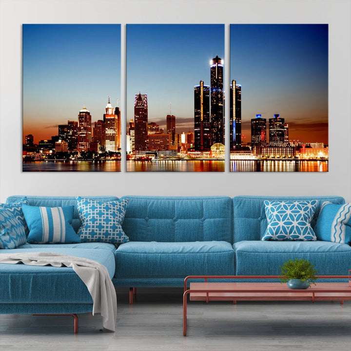 Detroit City Lights Coucher de soleil Skyline Paysage urbain Vue Art mural Impression sur toile