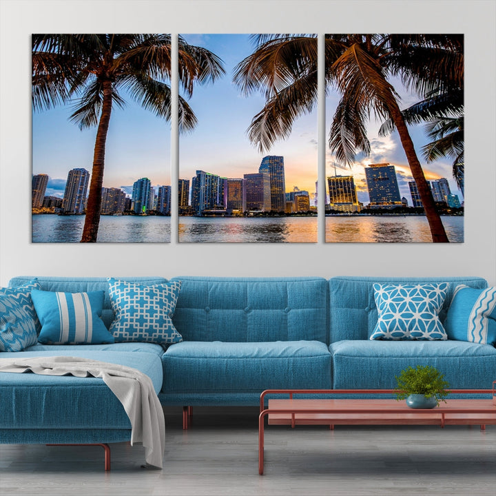 Impresión de lienzo de MIAMI de arte de pared grande - Panorama del horizonte de la ciudad de Miami al atardecer con rascacielos urbanos y puente sobre el mar con reflejo