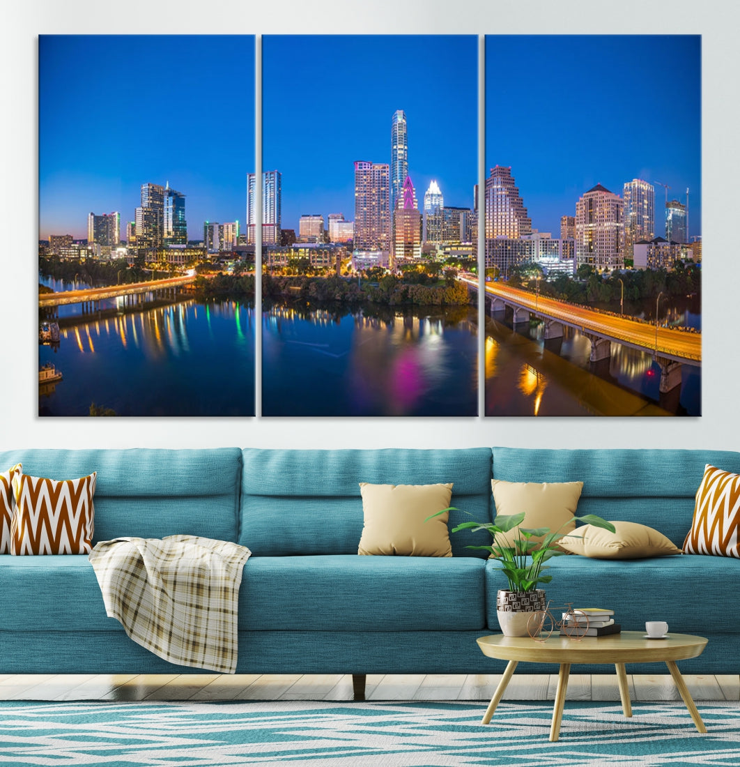 Austin City Lights Night Blue Skyline View Wall Art Canvas Print