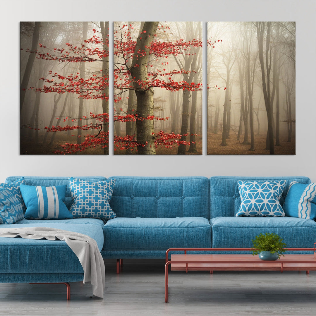 Toile d'art mural avec feuilles d'arbre de la forêt rouge