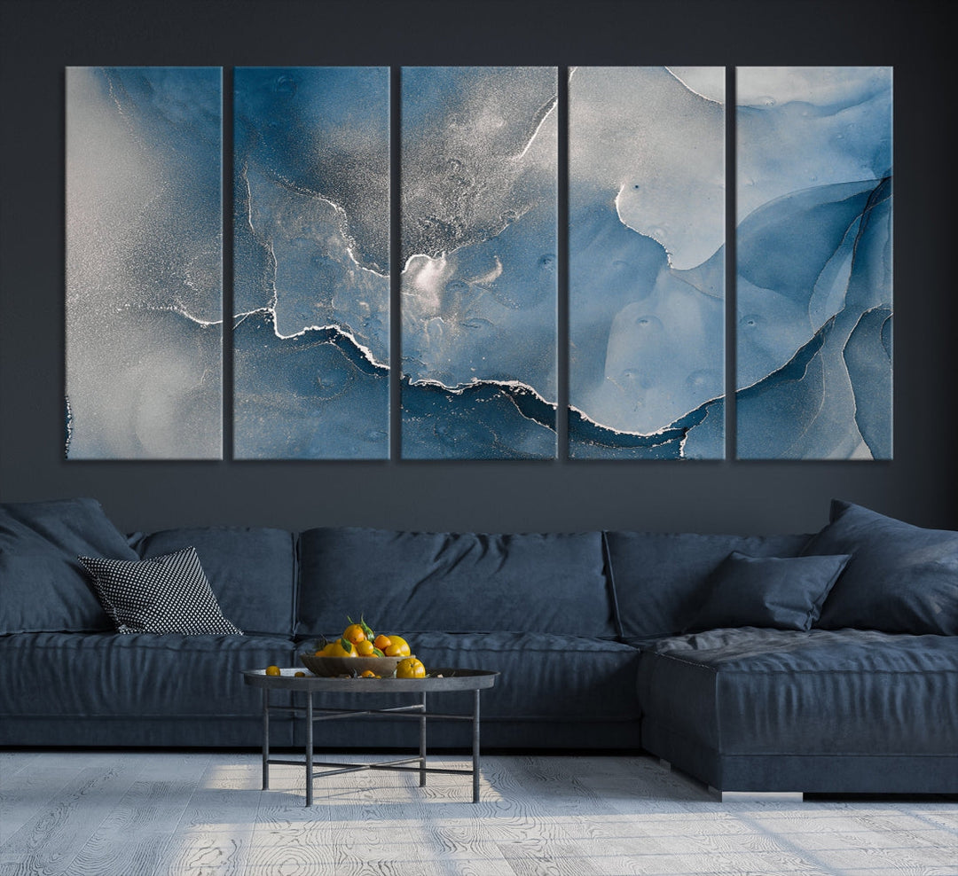 Blue Gray Marble Fluid Effect Wall Art Abstract Canvas Wall Art Print