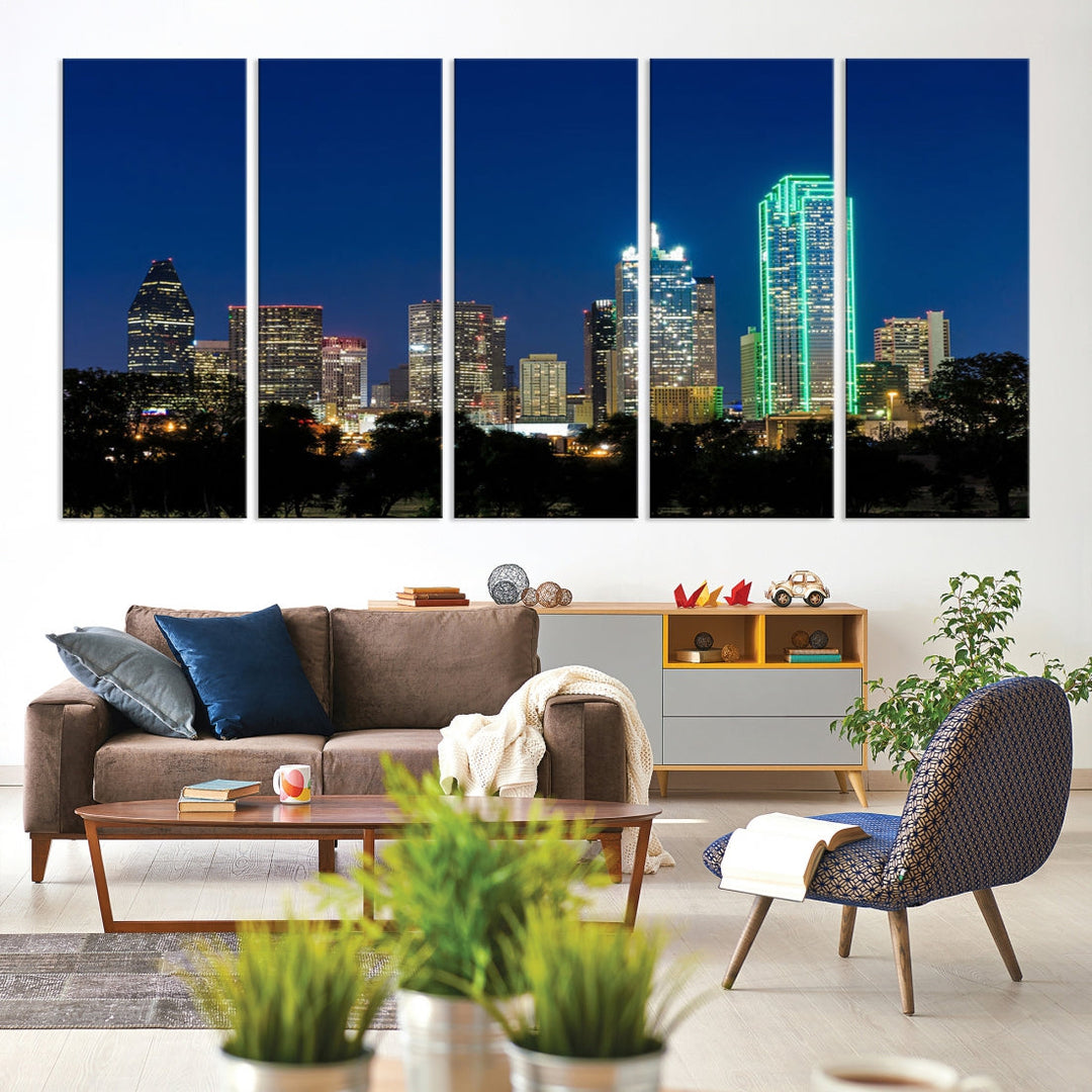 Lienzo decorativo para pared con vista del paisaje urbano del horizonte azul nocturno de la ciudad de Dallas