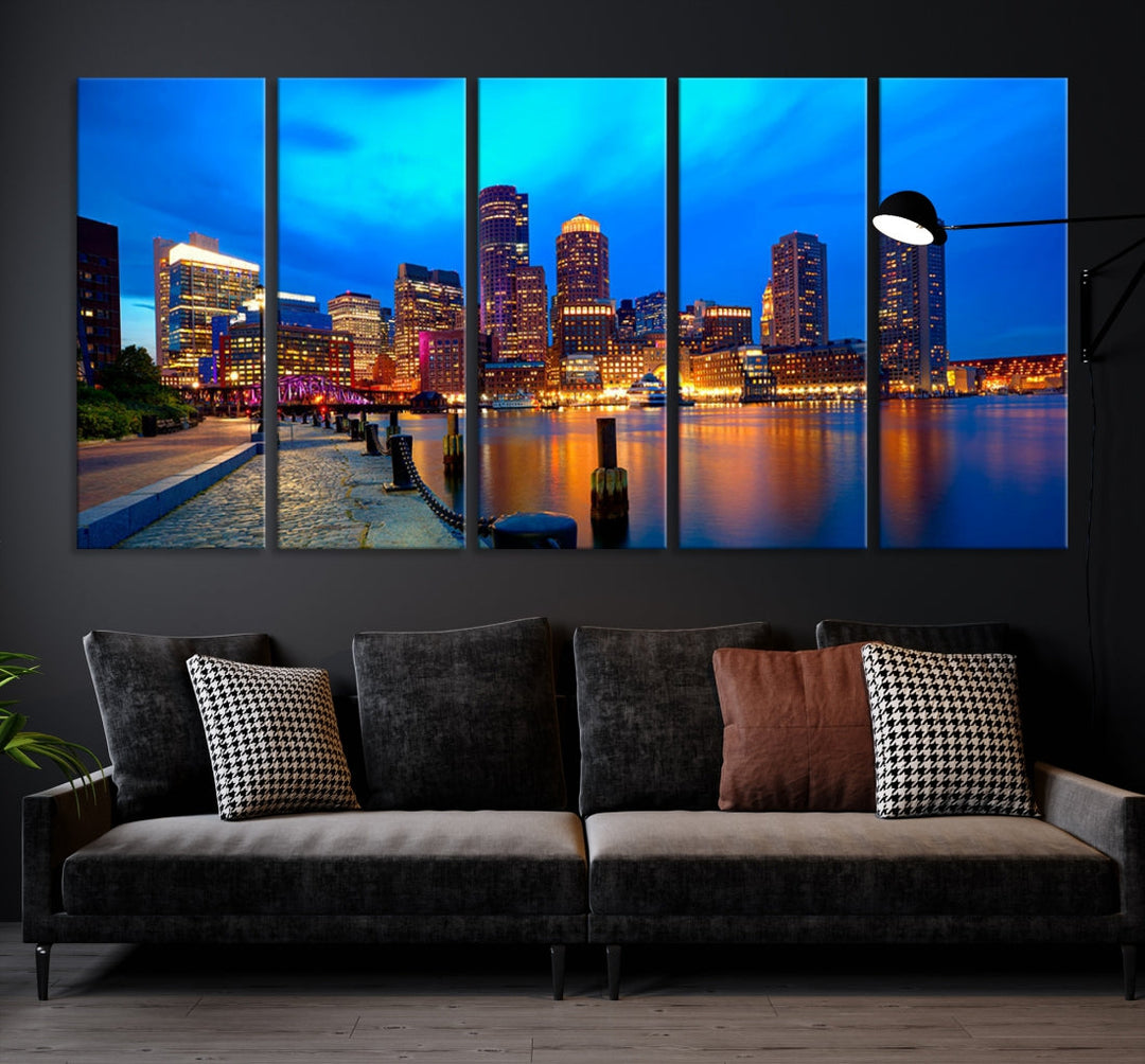 Boston City Lights Night Blue Skyline Cityscape View Wall Art Impression sur toile