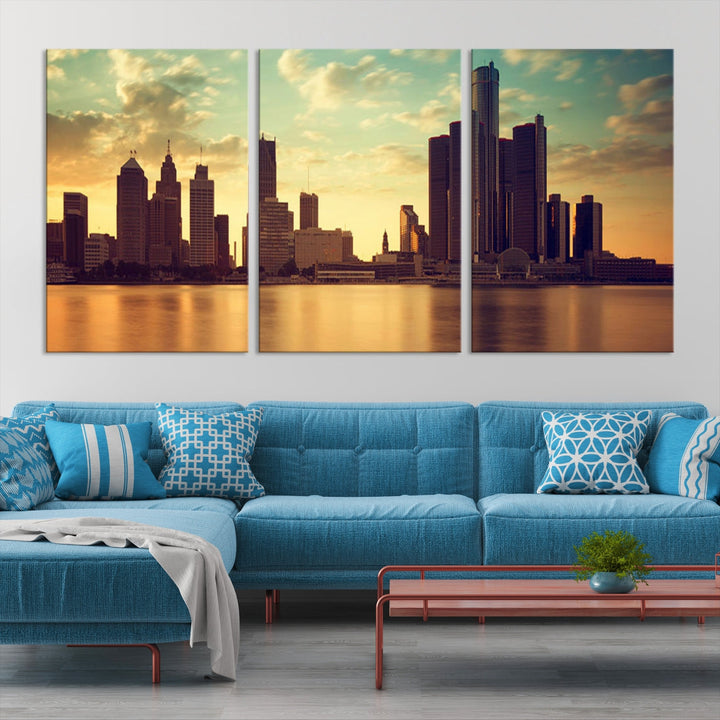 Impresión en lienzo de arte de pared grande con vista del paisaje urbano del horizonte nublado del atardecer de la ciudad de Detroit