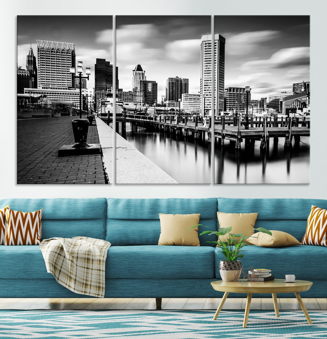 Baltimore City Cloudy Skyline Black and White Wall Art Cityscape Canvas Print