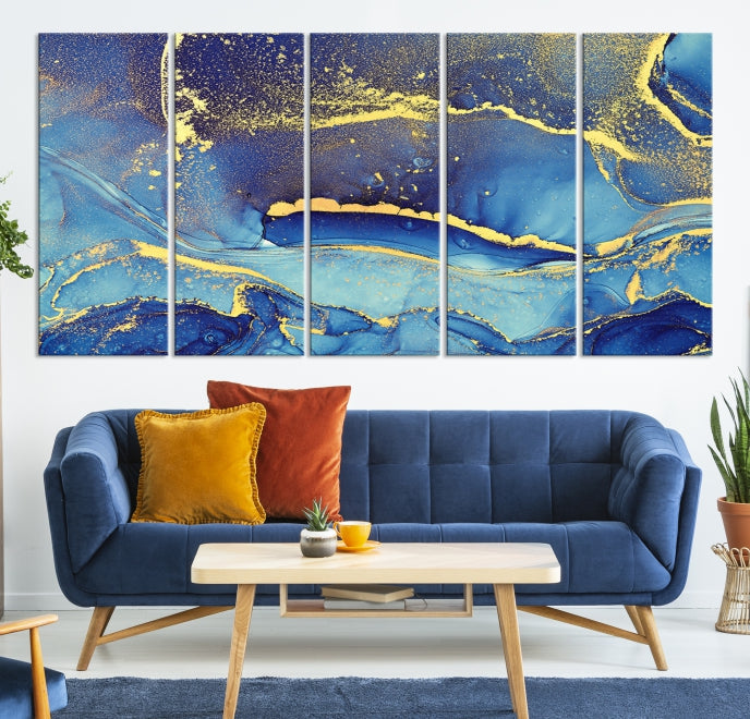 Splash Yellow Color Blue Marble Abstract Canvas Wall Art Print