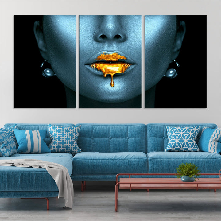 Lèvres à paillettes dorées, Art mural, lèvres, impression artistique sur toile