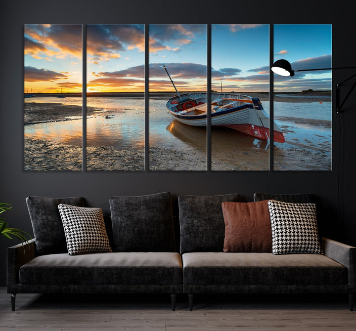 Small Boat At The Beach Sunset Wall Art Canvas Print