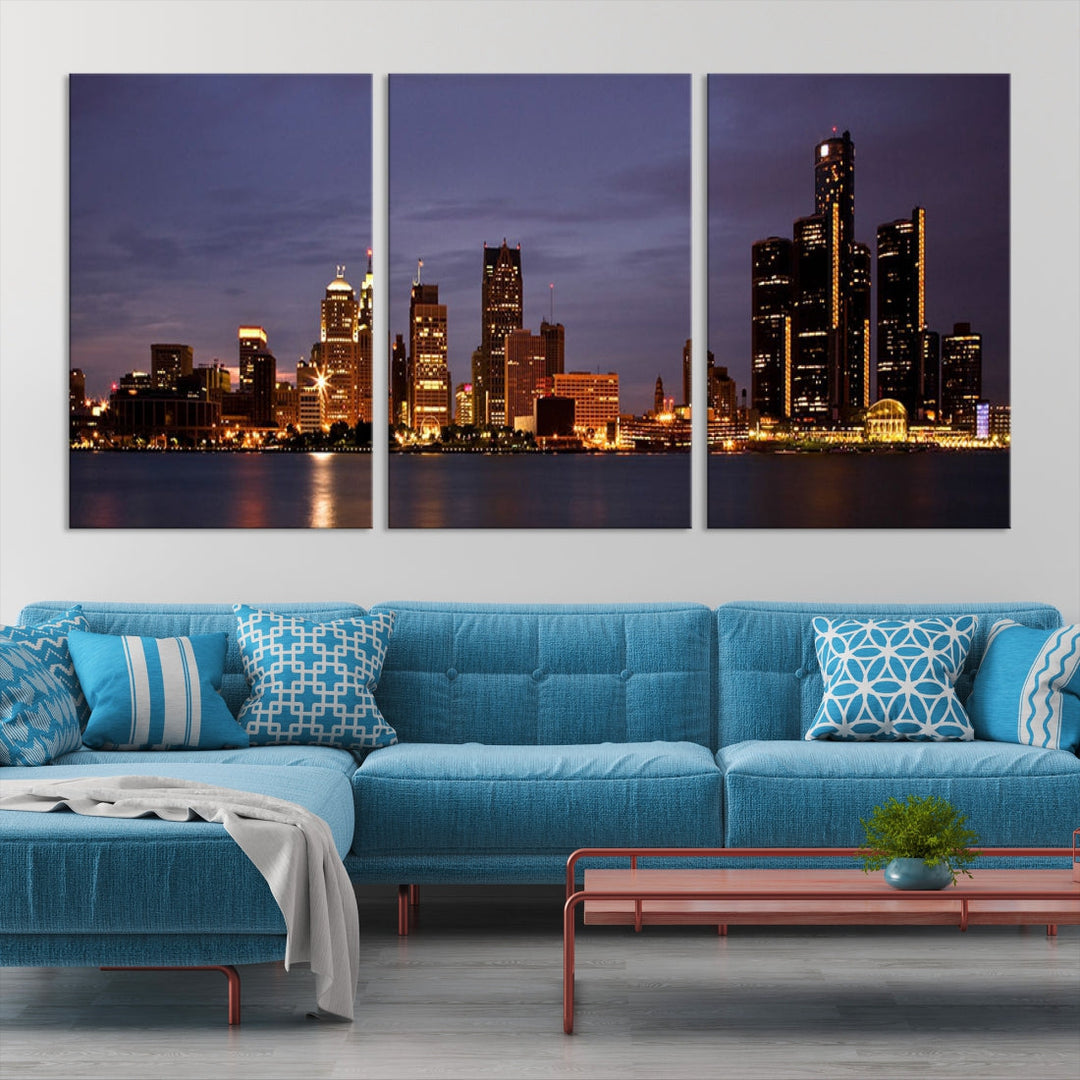 Detroit City Lights Night Cloudy Skyline Cityscape View Wall Art Canvas Print