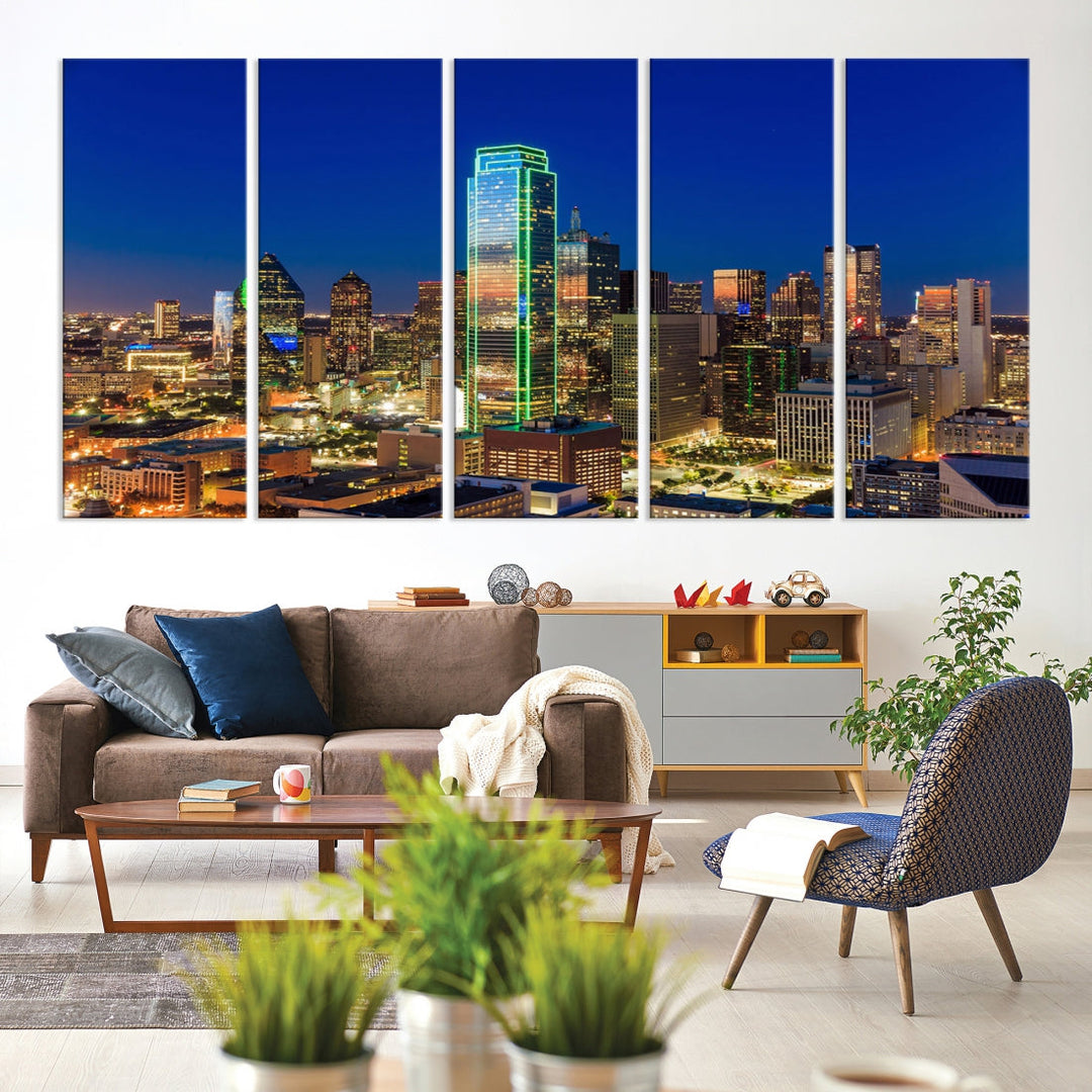 Dallas City Lights Night Blue Skyline Cityscape View Wall Art Canvas Print