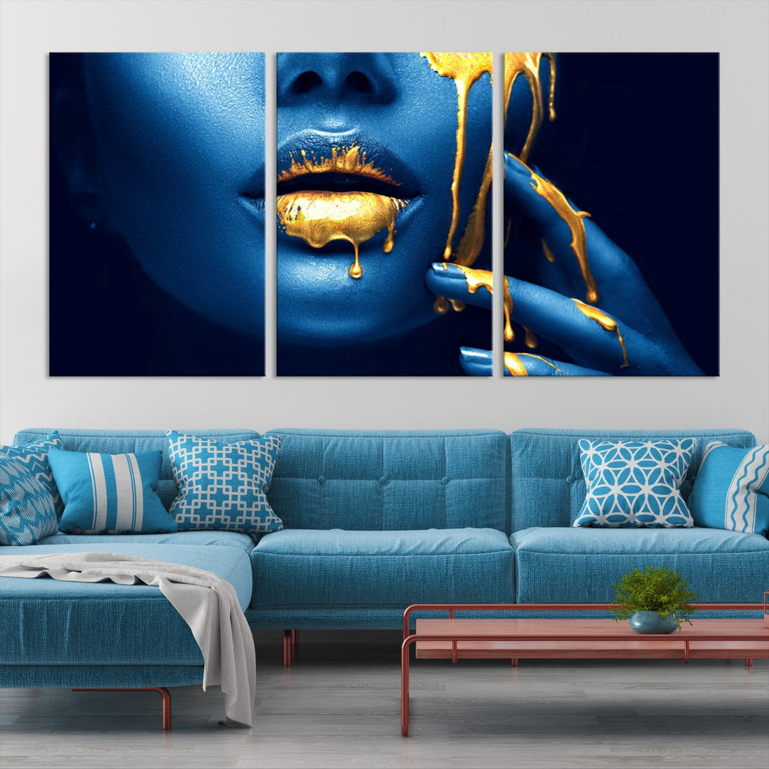 Neón Azul Oro Labios Sensual Fotografía Lienzo Pared Arte Impresión Moda Arte Belleza