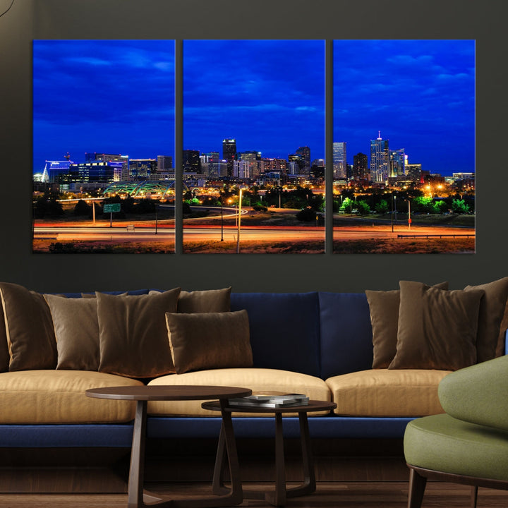 Impresión en lienzo de arte de pared grande con vista del paisaje urbano del horizonte azul brillante de las luces de la ciudad de Dallas