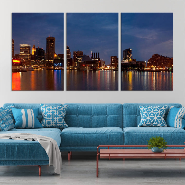 Baltimore City Lights Night Blue Skyline Cityscape View Wall Art Canvas Print