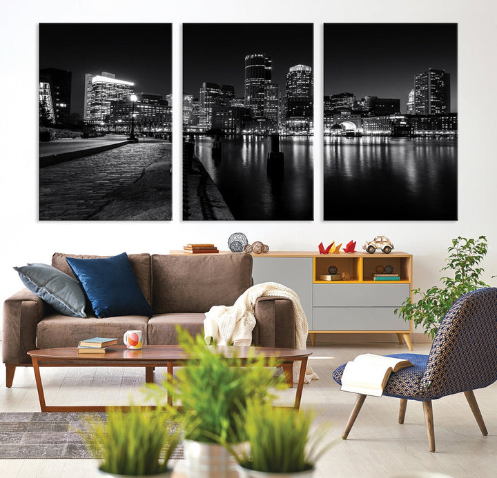 Boston City Lights Skyline Black and White Wall Art Cityscape Canvas Print
