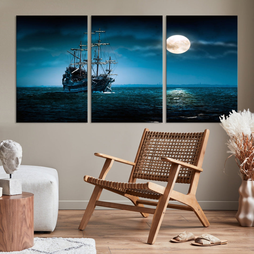 Moon and Ship in Ocean at Night Wall Art Canvas Print