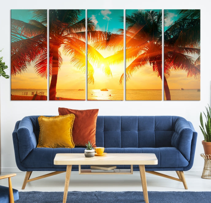 Palm and Sunset Beach Wall Art Canvas Print