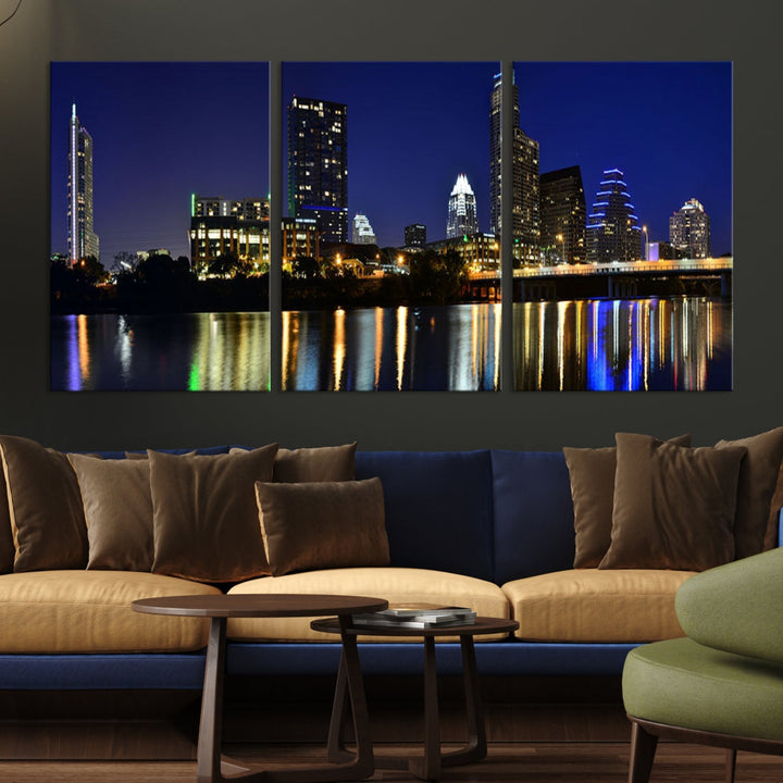 Austin Lights Night Blue Skyline Cityscape View Wall Art Canvas Print