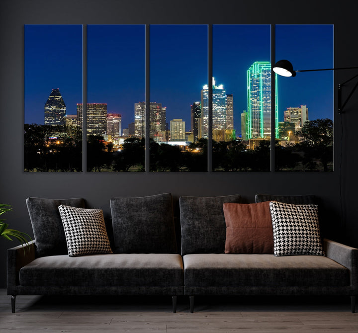 Lienzo decorativo para pared con vista del paisaje urbano del horizonte azul nocturno de la ciudad de Dallas