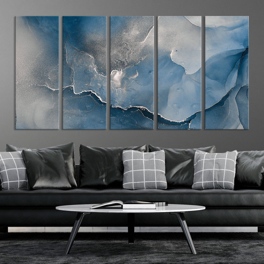 Arte de pared grande con efecto fluido de mármol gris azul, lienzo abstracto moderno, impresión artística de pared