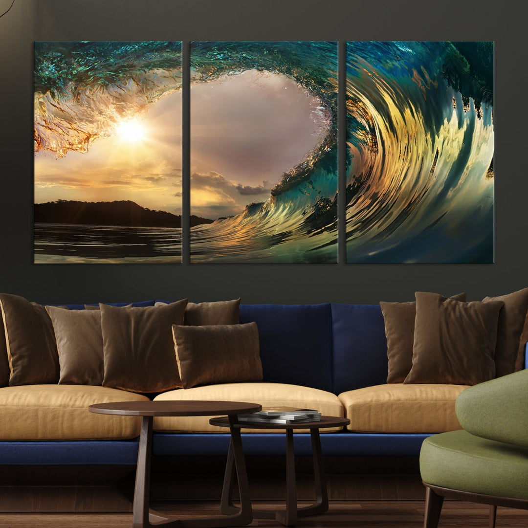 Surfing Big Wave on Ocean Canvas Wall Art Beach Canvas Sunset Artwork Print para sala de estar, decoración de la oficina en el hogar, arte de la pared de la playa, arte de la pared del mar