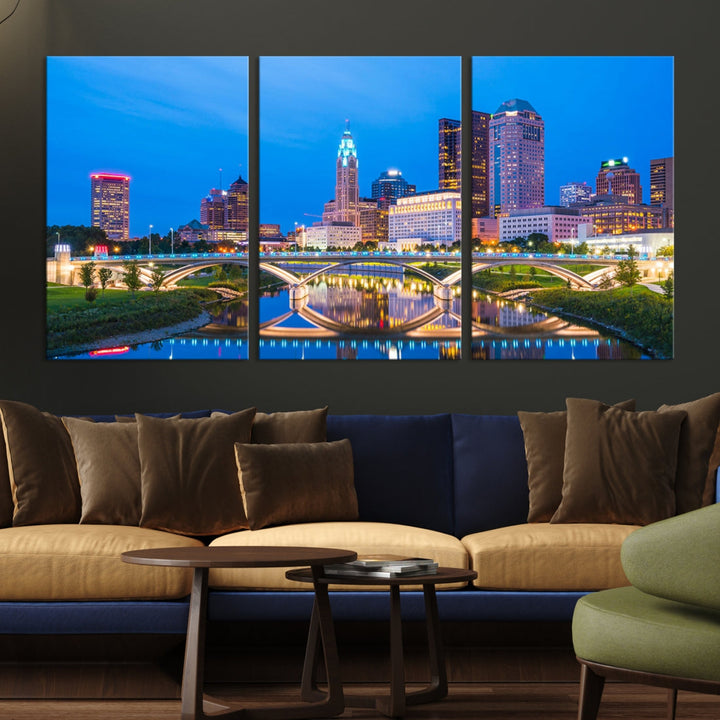Luces de la ciudad de Columbus, horizonte azul brillante, vista del paisaje urbano, arte de pared grande, impresión en lienzo
