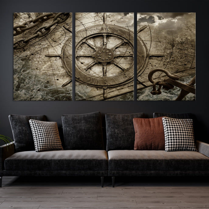 Impresión artística de pared de lona grande con varios paneles de rueda de barco de madera