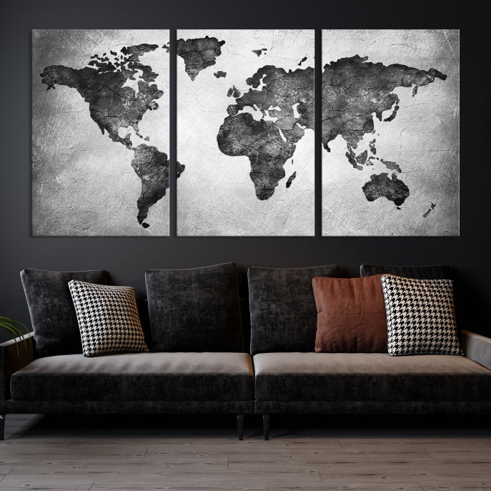Impression d’art mural sur toile de carte du monde noire et grise