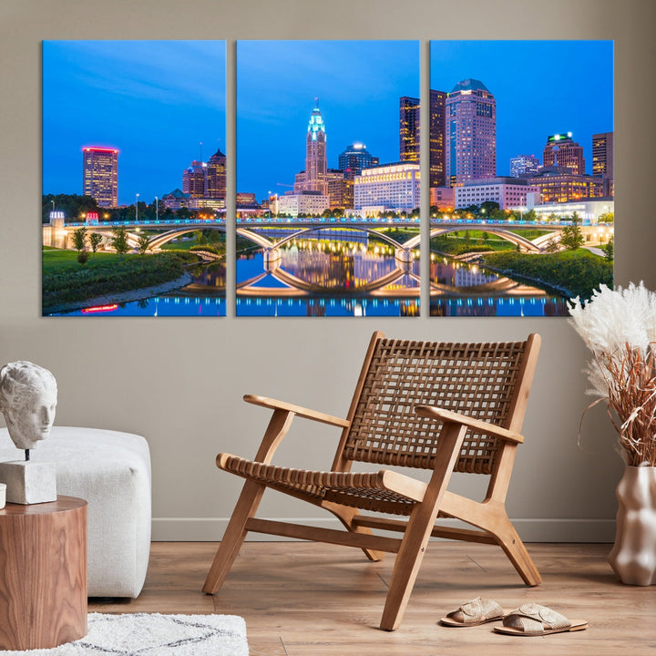 Luces de la ciudad de Columbus, horizonte azul brillante, vista del paisaje urbano, arte de pared grande, impresión en lienzo